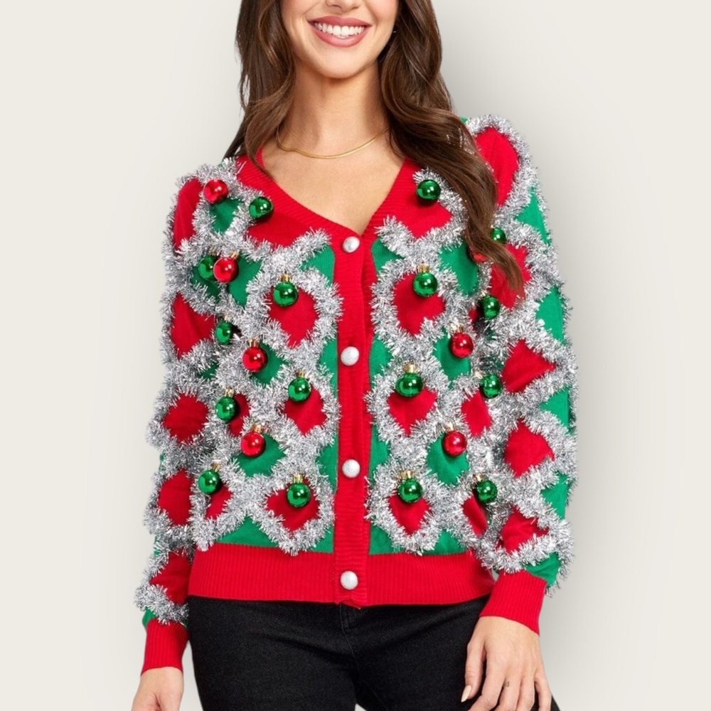 Tipsy Elves Red and Green Tinsel Christmas Ornament Cardigan